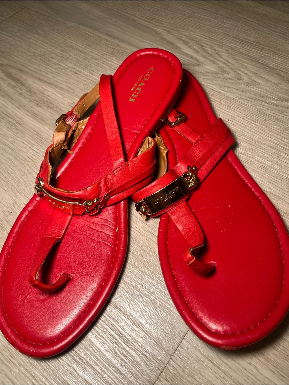 Coach Women's Red Leather T-Strap Logo Sandals with Gold Hardware 9.5